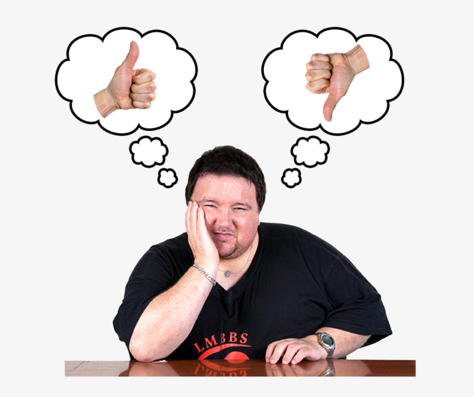 A man with disability thinks about what is good and bad about information. There is a thumbs up and a thumbs down sign above him.