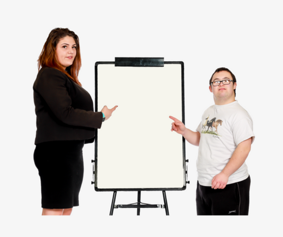 A woman and a man with disability look t a whiteboard with accessible information.